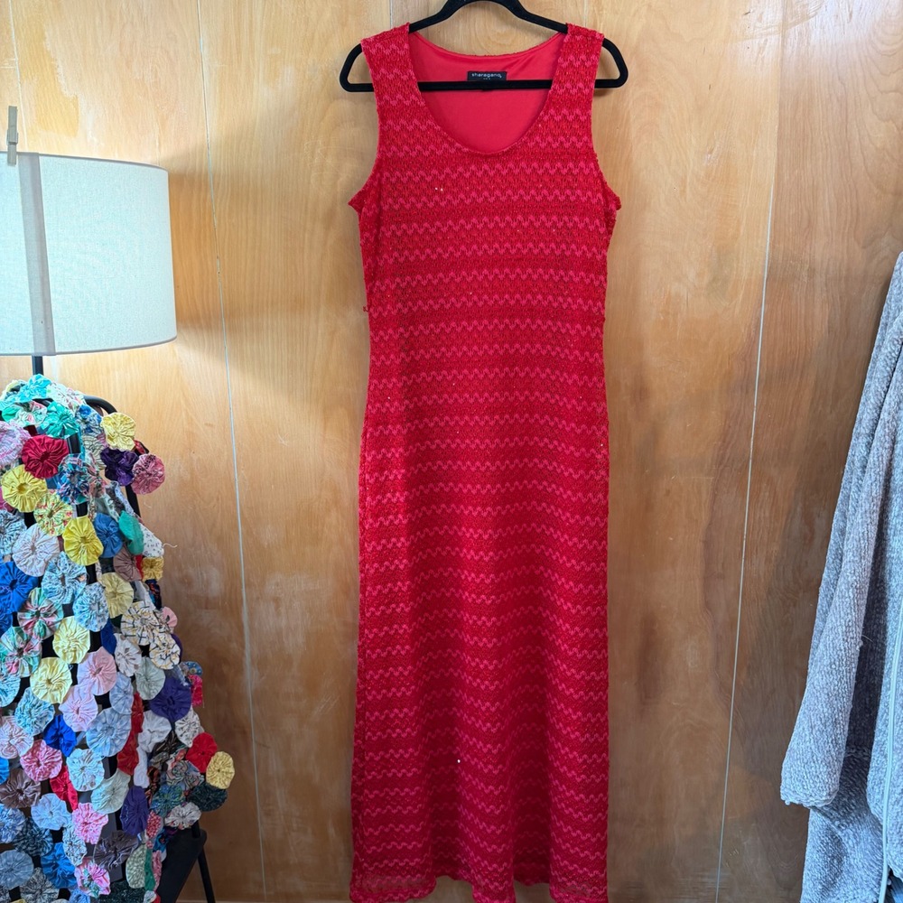 Sharagano Red Sequin Crochet Chevron‎ Maxi Y2K Boho Size 14